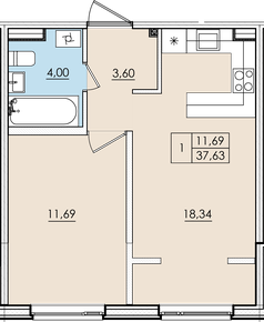 Однокомнатная квартира № 123 с&nbsp;видом во двор. 3 этаж. Секция E