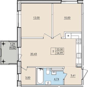 Двухкомнатная квартира № 119 с&nbsp;видом во двор. 2 этаж. Секция E